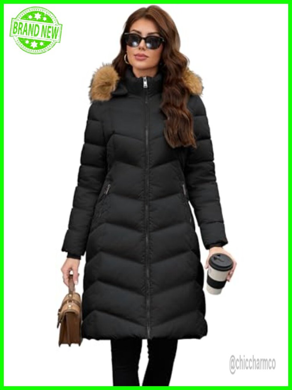 Knee Length Puffer Coat with Detachable Faux Fur Collar Hood Winter Jacket